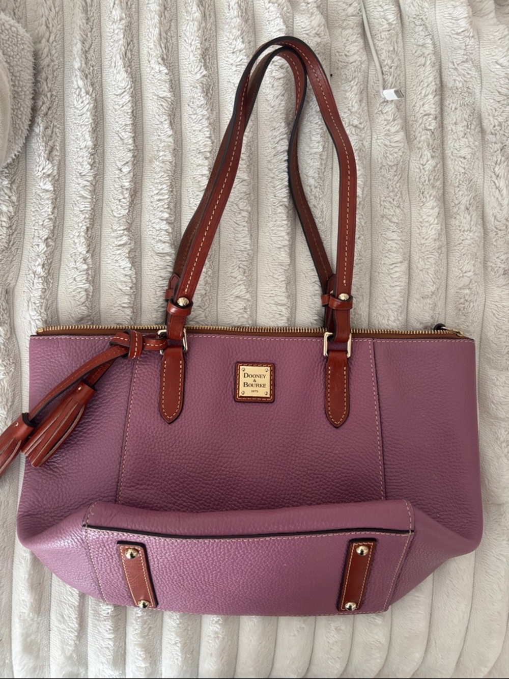 Dooney & Bourke Plum Pebbled Leather Shoulder Bag with Brown Trim